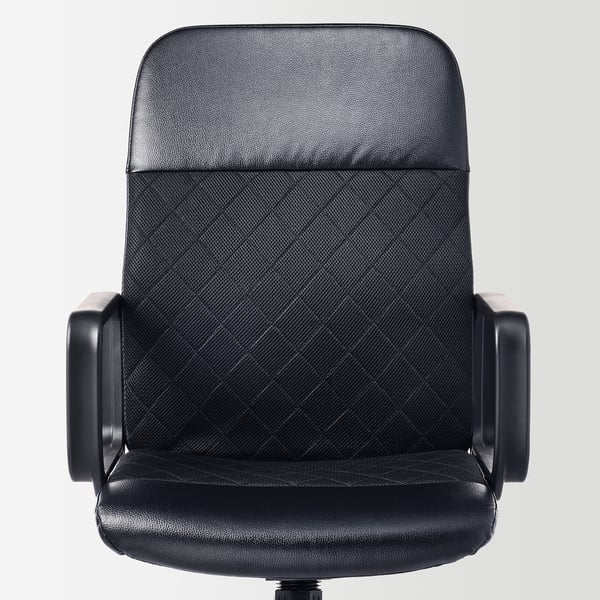 Black office chair with padded seat and back, armrests, and adjustable height.
