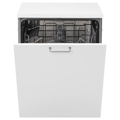 A white dishwasher with an open door, revealing its stainless steel racks inside.