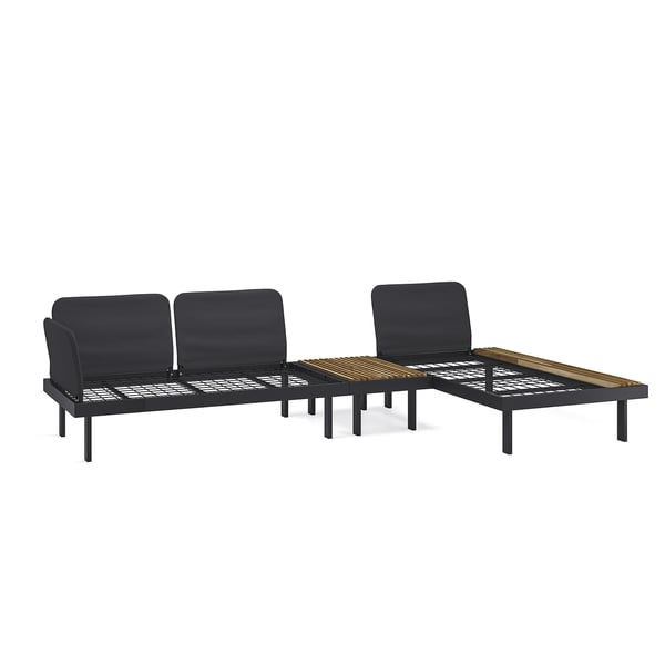 Modern outdoor furniture set in dark grey, includes sofa, chaise, and coffee table. Sleek and modular design.