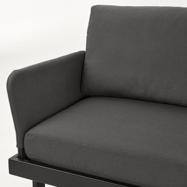 Modern grey outdoor sofa with clean lines and sturdy construction.