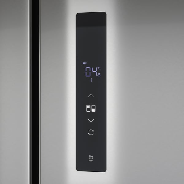 Stainless steel fridge panel with digital display, adjusting temperature settings for optimal food freshness.