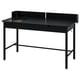 A black RIDSPÖ desk with a curved shield, two drawers, and a glass-topped drawer. Modern, functional design in black.