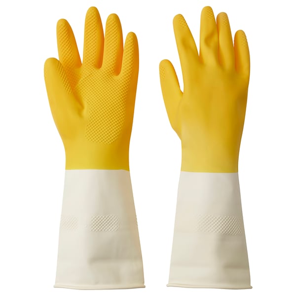 Yellow & white rubber gloves, textured fingertips, natural latex.