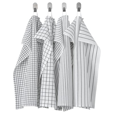 Four grey towels with square and stripe patterns hang neatly, two with checks, two with stripes, all in white and grey cotton.