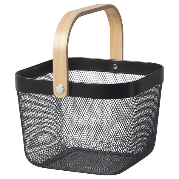 A black RISATORP storage basket with a wooden handle, designed for fruits, veggies, or household items.