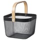 A black RISATORP storage basket with a wooden handle, designed for fruits, veggies, or household items.