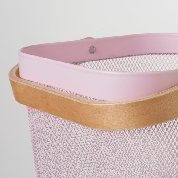 Top view of light pink wire mesh basket with wooden rim, showing detailed texture and sturdy construction.