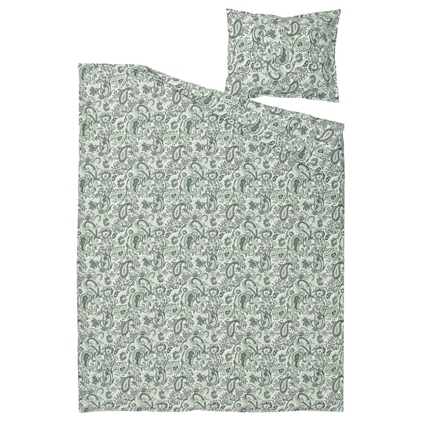 RODGERSIA paisley duvet & pillowcase set. Green, white, cotton-viscose. Rectangular shape. Intricate paisley pattern.