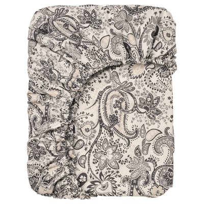 RODGERSIA fitted sheet: grey floral paisley on cream, cotton-viscose, rectangular with elastic edging.