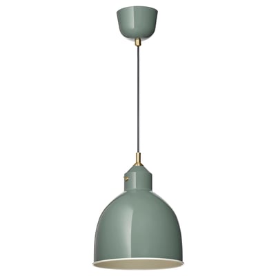 RÖDFLIK pendant lamp: green, metal, dome shape, with brass switch & ceiling cup.