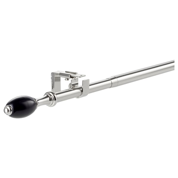 RÖNNSUMAK silver curtain rod, black tips, stainless steel & plastic, adjustable, modern design.