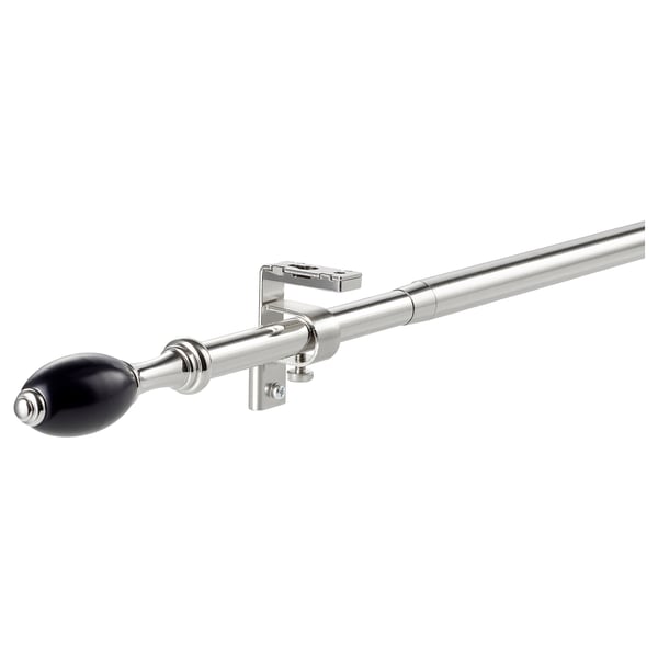 RÖNNSUMAK silver curtain rod set, black ends, steel & plastic, extends, ceiling/wall mount.