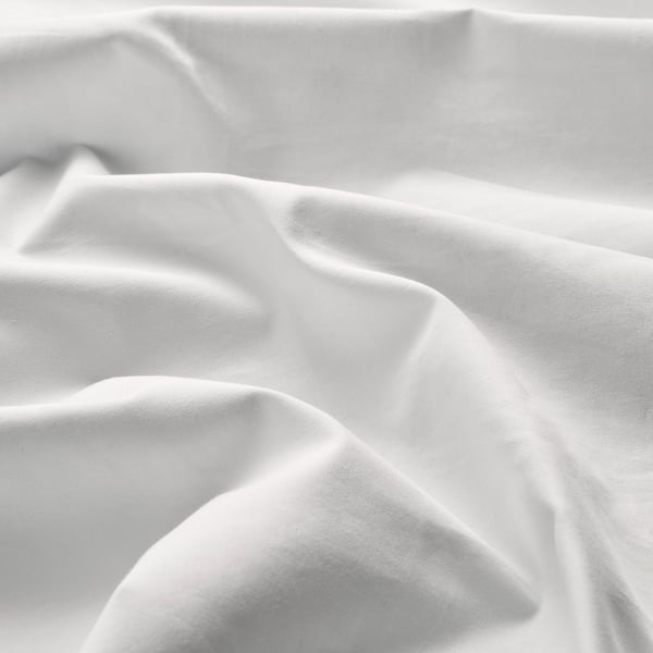 Crisp, white bed sheets in a close-up, showcasing high-quality cotton weave, indicating durability and comfort.