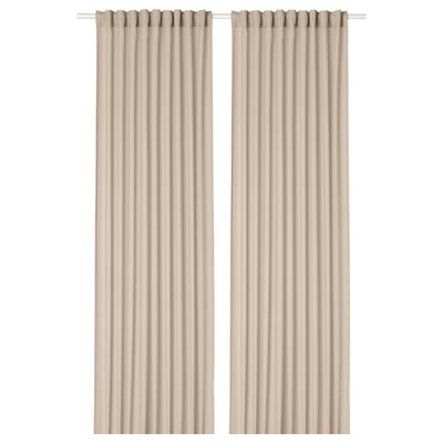 Pair of beige sheer curtains with rod pocket, sheer fabric, rectangular shape.