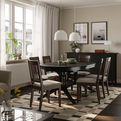 ROSENTORP / NÄSINGE Table and 6 chairs, black/Kilanda light beige dark brown stained, 160/215x110 cm