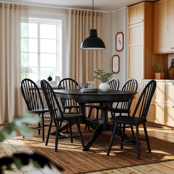 ROSENTORP / SKOGSTA Table and 6 chairs, black/black, 160/215x110 cm