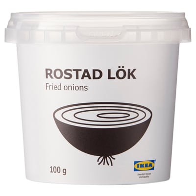 Image shows a container of IKEAs rostad lok, fried onions, weighing 100g.