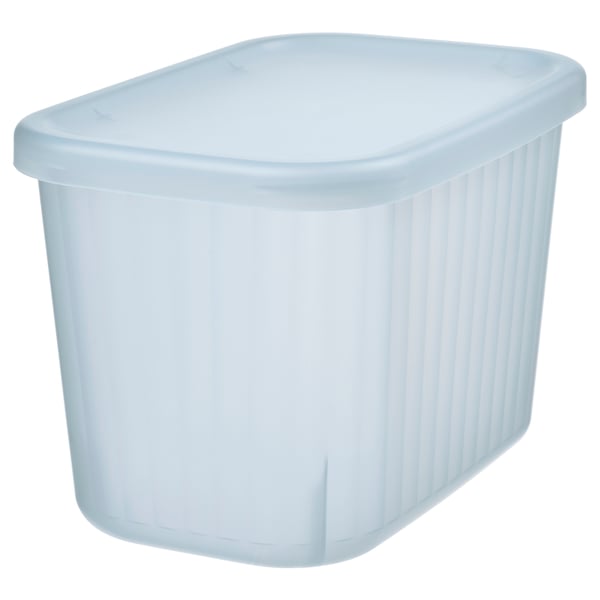 RYKTA light blue plastic container with lid, rectangular shape, slightly tapered sides, vertical grooves.