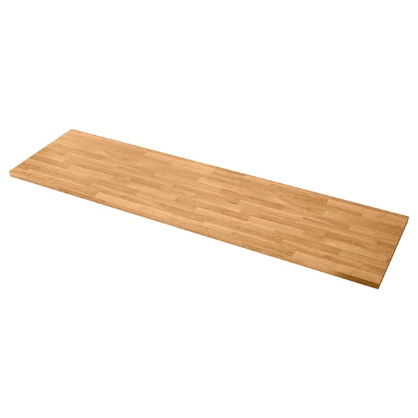A SÄLJAN wooden worktop in a light oak colour, rectangular shape, and modern design. Its suitable for kitchens and easy to clean.