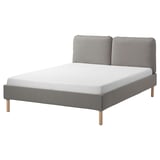 SAGESUND: grey modern bed with soft pillowed headboard and wooden legs, perfect for cosy relaxation.