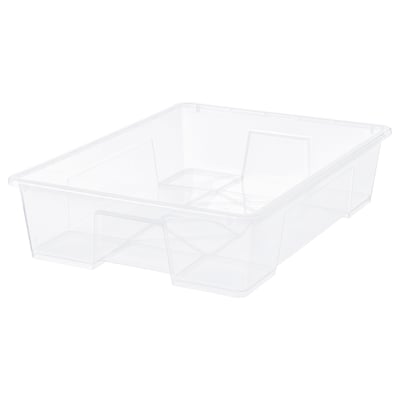 A clear plastic storage container named SAMLA. It has a transparent design, rectangular shape, and a mid-sized capacity for storing various items.