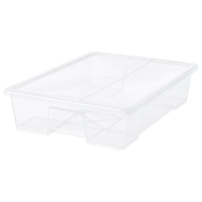 A clear plastic storage box named SAMLA, rectangular in shape, designed to store various items, with a transparent material and a built-in lid lock.