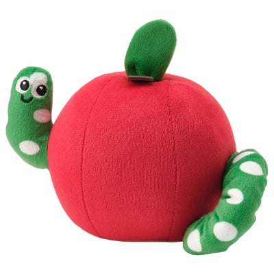 A colourful cuddly toy featuring a red apple with a green caterpillar, white spots, and smiling face, cuddly and soft.