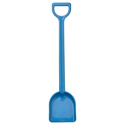 Blue beach sand spade, plastic, d-shaped handle, rounded scoop, kids toy.