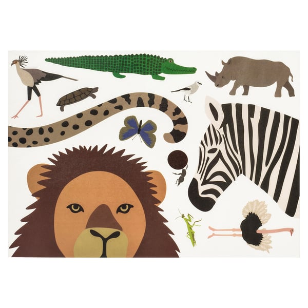 Vibrant safari scene stickers: lion, zebra, rhino, crocodile on high-quality paper.
