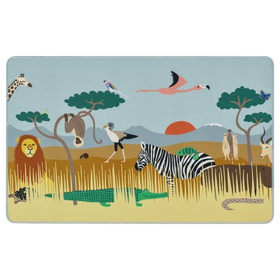 Safari-themed desk pad featuring zebra, lion, giraffe, and more on savannah backdrop. Rectangle shape, colourful, protective, eco-friendly.