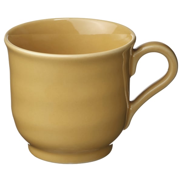 SANDSKÄDDA mug in ochre yellow; ceramic, rounded shape with sturdy handle.