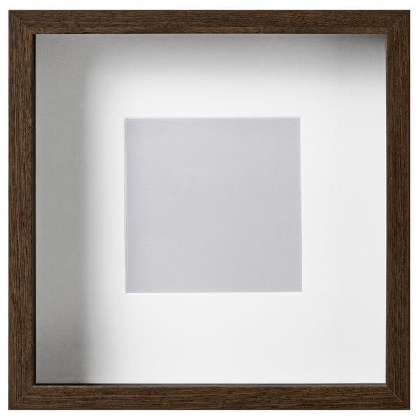 Square dark wooden picture frame with bevelled edges and clear plastic cover.