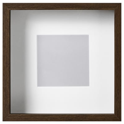 Square dark wooden picture frame with bevelled edges and clear plastic cover.