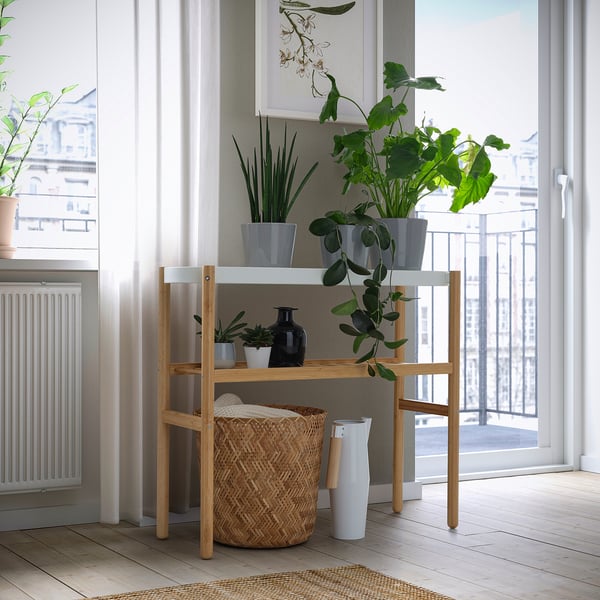 Wooden plant stand with multi-level greenery near window