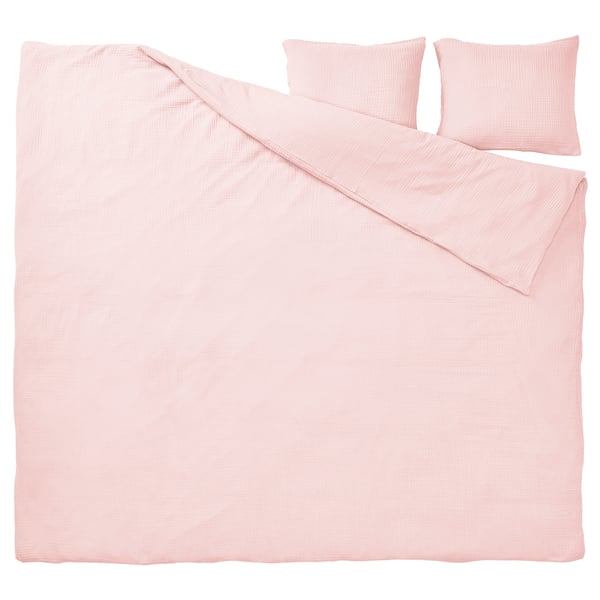 A blush pink SCHERSMIN duvet cover set with two pillowcases, made of 100% organic cotton in a soft, airy muslin fabric.