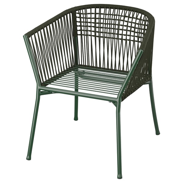 Green outdoor chair, SEGERÖN model, wicker design, powder-coated steel legs, comfortable and durable.