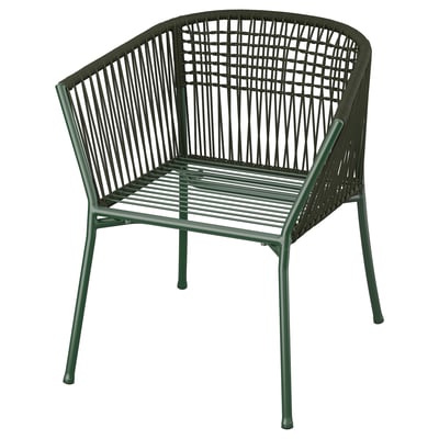 Green outdoor chair, SEGERÖN model, wicker design, powder-coated steel legs, comfortable and durable.