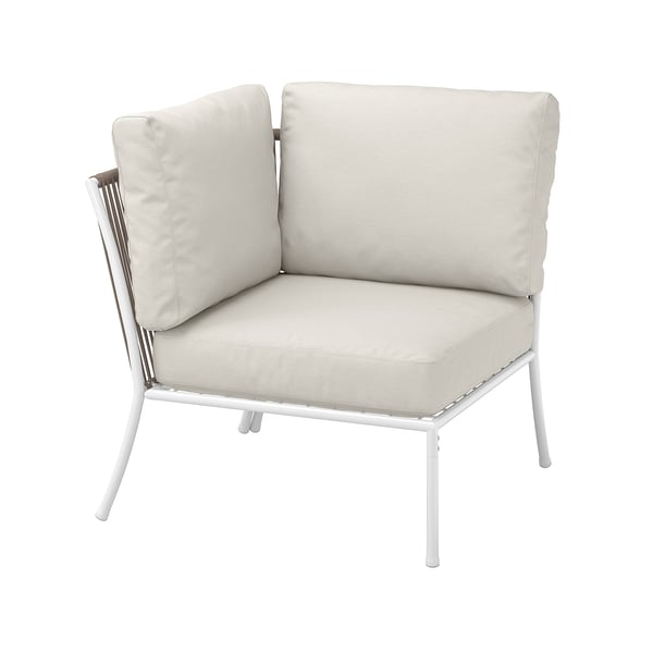 White outdoor chair, SEGERÖN, with light beige cushions, steel frame, corner seat.