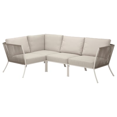 A modern, light beige outdoor sectional sofa with a metal frame and woven rope design.