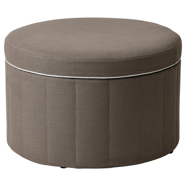 Round grey fabric ottoman, sleek design with hidden storage.