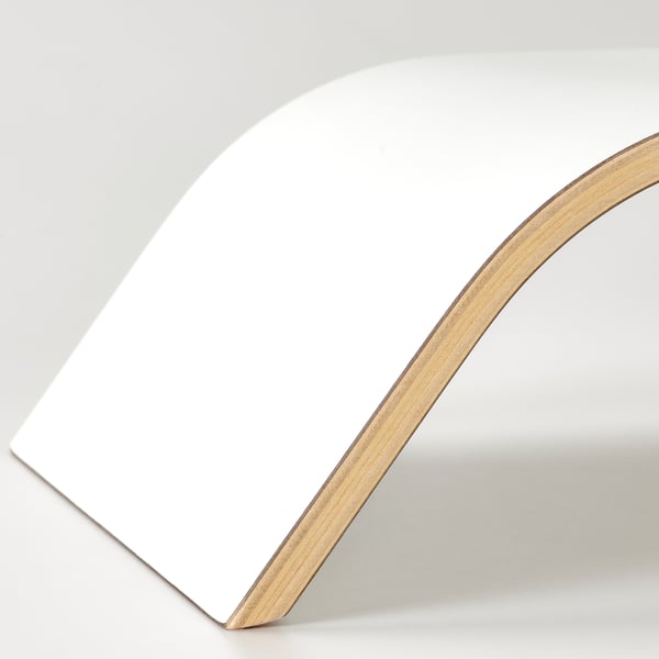 Modern wooden monitor stand, curved design, high-quality finish.