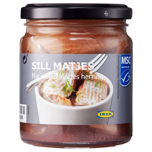 Jar of SILL MATJES: marinated herring, msc-certified, ready-to-eat. Classic spice marinade, swedish delicacy.