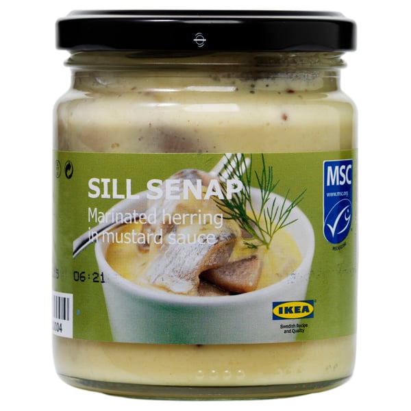 Jar of SILL SENAP: marinated herring in mustard sauce, msc certified, swedish delicacy.