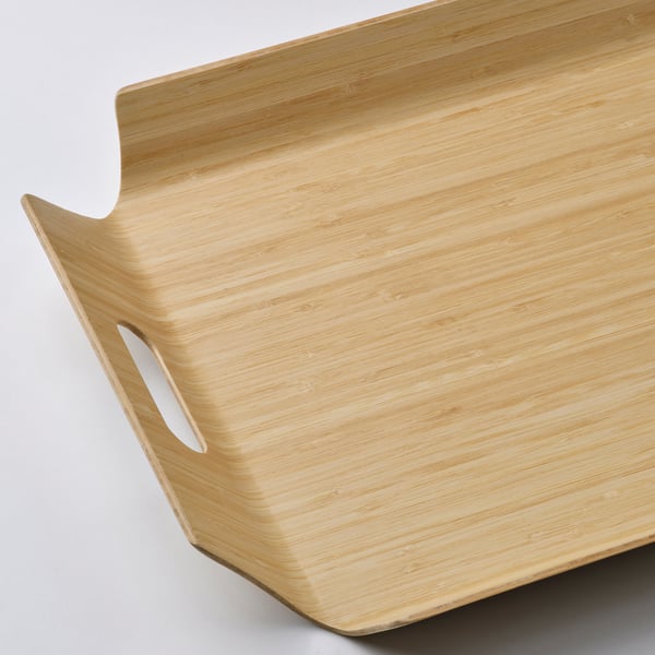 Wooden tray with handles, smooth surface, sturdy design, simple to carry.