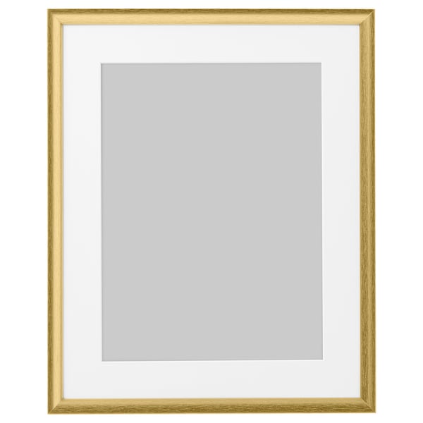 Golden picture frame, empty with beige mat, light wood grain texture.