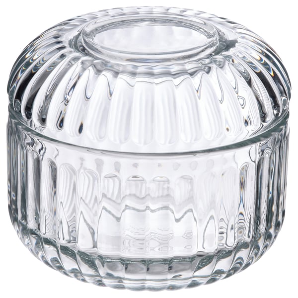 SILVTJÄRN glass container, clear, rounded shape, textured design for bathroom organisation.