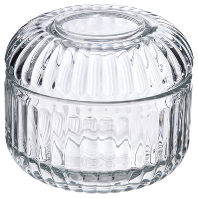 SILVTJÄRN glass container, clear, rounded shape, textured design for bathroom organisation.