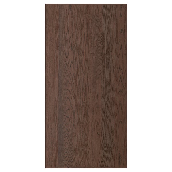 A dark brown wooden panel with visible wood grain. Its a SINARP product made from oak veneer, featuring a solid wood edge, and has a timeless design.