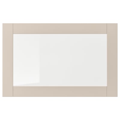 SINDVIK: gray-beige cabinet with clear centre glass, sleek design.