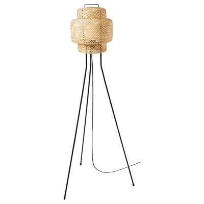Unique floor lamp, SINNERLIG. Woven bamboo; warm, natural glow; three legs.